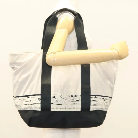CHANEL Sports COCO Mark Tote Bag Nylon White Silver CC Auth - Picture 1 of 15
